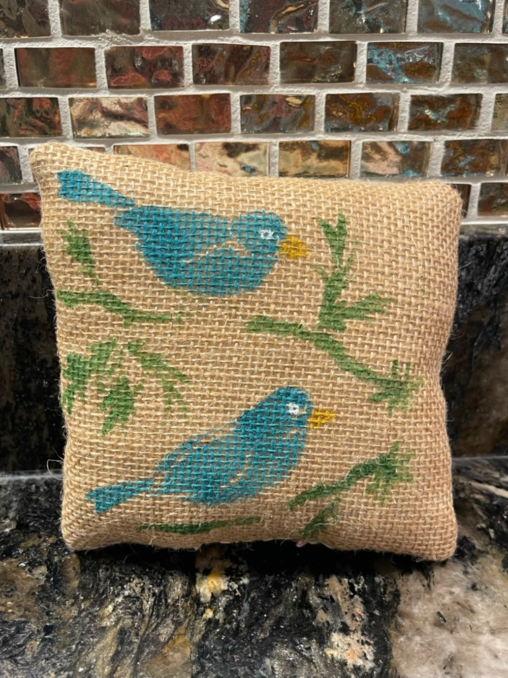 Handcrafted Burlap Accent Pillow Hand Painted Blue Bird Small Shelf Sitter